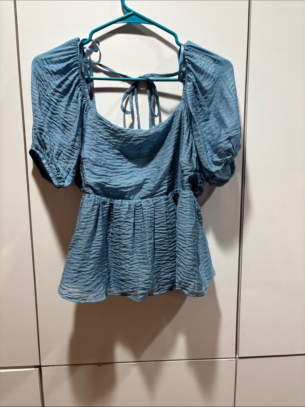 Melrose and Market Blue Puff Sleeve Peplum Top with Back‎ Tie